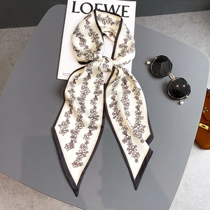 Foulard Étroit Femme Imitation Satin Imprimé Fleuri Cravate Longue Mince Ruban Décoratif Élégant Pour Sacs À Main Cou Cheveux
