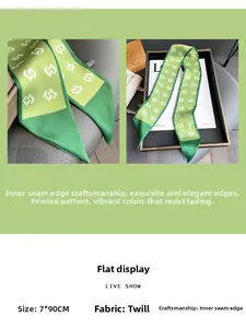Detail view of 7x90cm green twill silk scarf with white geometric chain pattern and inseam craft