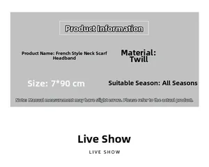 Size specifications for 7x90cm twill silk scarf headband with manual measurement details