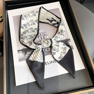 Elegant vintage horse print skinny silk scarf with black and white stripes for women