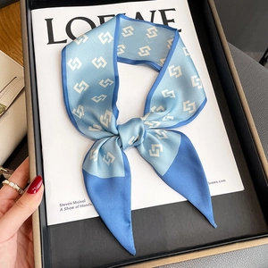 Light blue geometric silk skinny scarf with white S-pattern tied as a bow on a white book