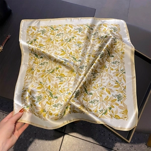 Elegant mulberry silk square scarf with leaf print and green berries on cream satin