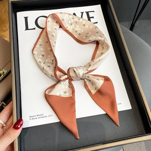 French vintage floral twilly scarf in orange and cream silk satin for neck or bag