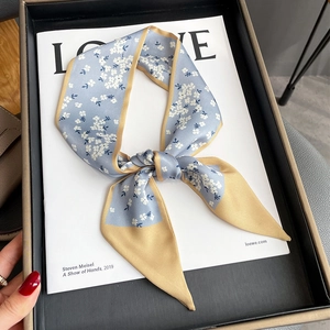 Floral print narrow silk scarf and hair tie in light blue and champagne gold shades