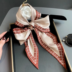 Eleganter Langer Schmaler KunstSatinnschal Geometrischer Rautendruck Twilly Für Haar Hals Taschengriff Modeband