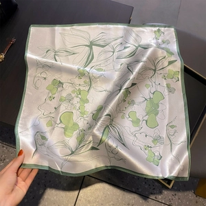 Elegant 100% mulberry silk square scarf featuring green leaf print on pearl white silk