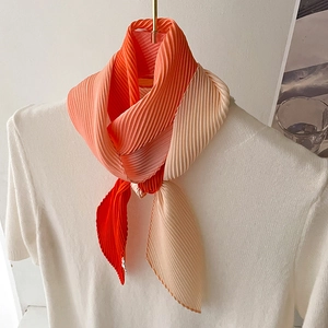 Three-color gradient pleated long scarf in orange and coral pink for women styling