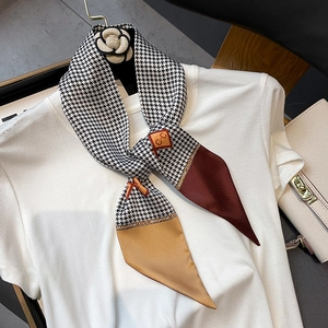 Houndstooth Twilly Scarf Faux Satin Neckerchief Skinny Bag Ribbon Hair Tie Band French Elegant Chain Pattern Print Women
