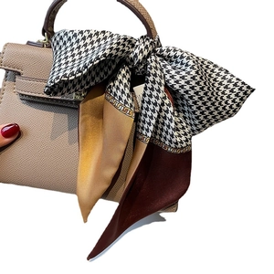 Lychee grain leather handbag with houndstooth silk scarf handle wrap for women