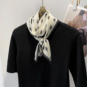 French Vintage Pleated Skinny Scarf For Women Letter Print Satin Long Ribbon Hair Tie Bag Handle Wrap Decorative Neck Scarf