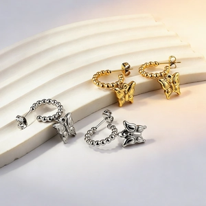 Butterfly Hoop Earrings Stainless Steel 18K Gold Plated Beaded C-Shape Studs Delicate Niche Design For Women Jewelry