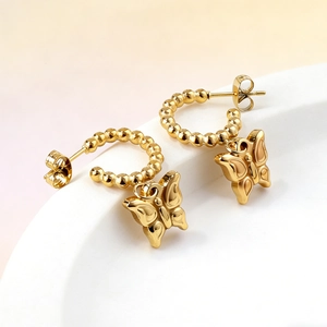 Polished 18K gold plated C-shaped beaded earrings with elegant 3D butterfly charms