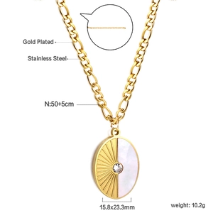 Detailed view of sunburst mother of pearl oval pendant necklace with dimensions and weight