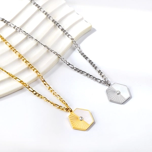 Hexagonal white shell pendant necklace with zircon in 18K gold and silver finishes