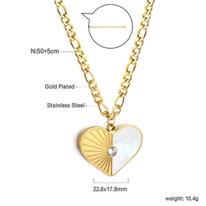 Macro view of heart pendant necklace showing dimensions and 18K gold plated steel texture