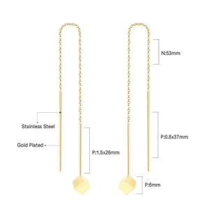 Detailed specs of gold plated stainless steel tassel earrings with cube charms