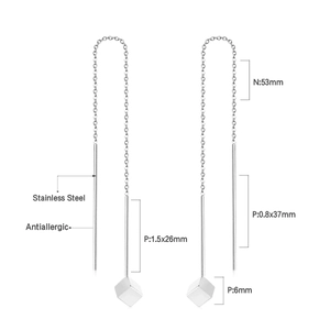 Detailed size chart of stainless steel threader earrings with cube charms and dimensions