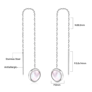Long tassel chain earrings in stainless steel with round mother of pearl pendant