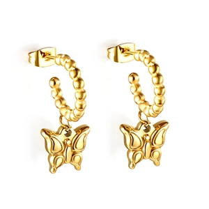 Elegant 18K gold-plated stainless steel bead C-shape hoop earrings with butterfly charms
