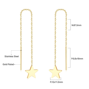 Detailed view of gold plated stainless steel star tassel earrings with dimension markings