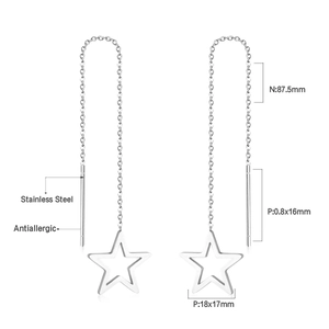 Detail view of hypoallergenic stainless steel star tassel earrings with dimensions