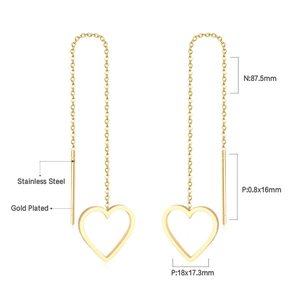Gold plated stainless steel long tassel earrings with hollow heart pendants for women