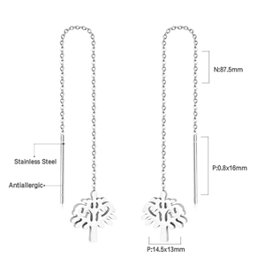 Detail showing stainless steel threader earrings dimensions with tree of life pendant