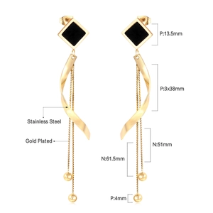 Detailed view of gold plated stainless steel tassel earrings with black shell and size labels