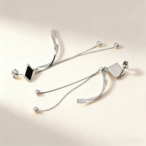 Gold plated stainless steel long tassel earrings with black shell square geometric studs