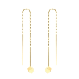 Minimalist long tassel gold-plated stainless steel threader earrings with geometric cube pendant