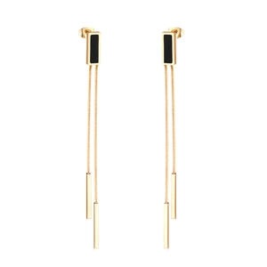 Modern gold-plated long tassel earrings featuring black shell accents and steel beads