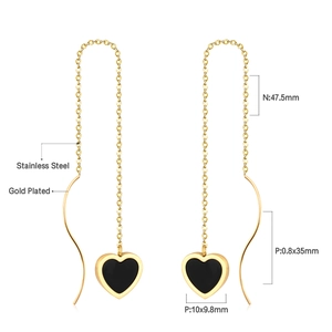 Detailed dimensions of gold plated stainless steel long chain earrings with black heart