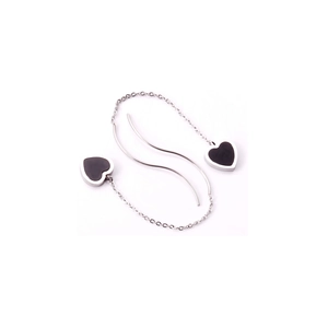 Detail of silver long tassel earrings with black heart-shaped shell pendants