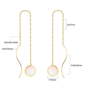 Macro shot of gold-plated stainless steel threader earrings with white shell inlay