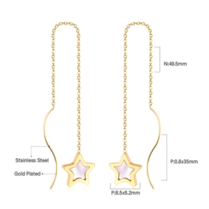 Detail view of gold-plated stainless steel star threader earrings with shell inlay