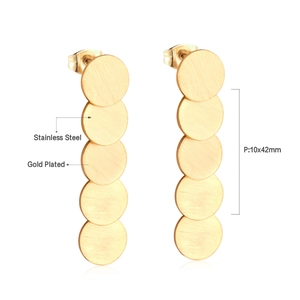 Brushed gold plated stainless steel drop earrings with five overlapping circles 10x42mm