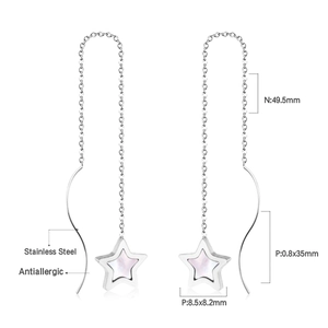 Detailed view of stainless steel threader earrings with star-shaped shell inlay charms