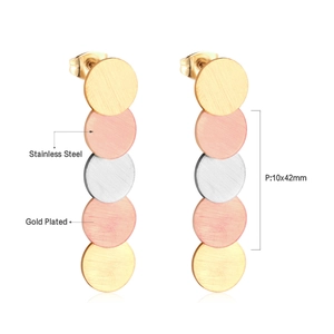 Detail view of tri-color stainless steel layered round earrings with brushed finish