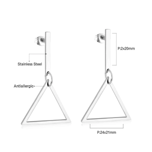 Macro detail of stainless steel geometric triangle earrings with dimension specs