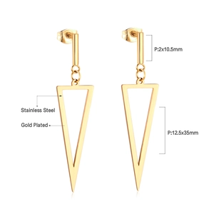 Macro shot of geometric triangle drop earrings in polished gold-plated stainless steel