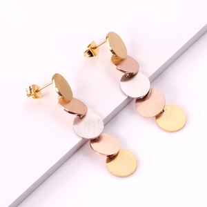Three-tone geometric circular drop earrings in gold, rose gold and silver finish