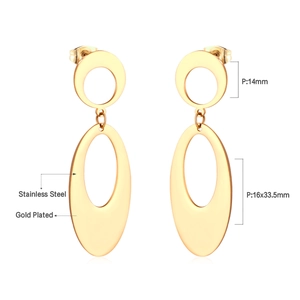 Detailed view of gold plated stainless steel geometric oval link earrings with measurements