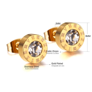 Detailed view of 9mm gold plated stainless steel stud earrings with cubic zirconia stone