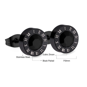 Macro shot of 9mm black stainless steel stud earrings with Roman numerals and cubic zirconia