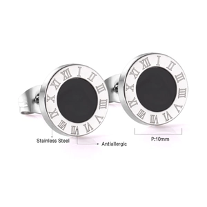 Detail of 10mm antiallergic stainless steel studs with Roman numerals and black inlay