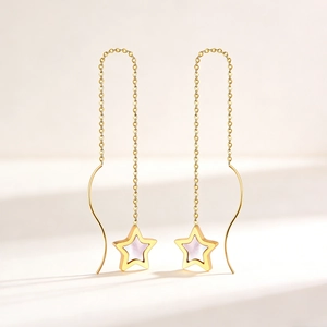 Elegant gold long chain earrings with white mother of pearl star pendants and ear wire