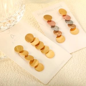 Minimalist geometric stacked disc drop earrings in stainless steel and mixed metallic tones