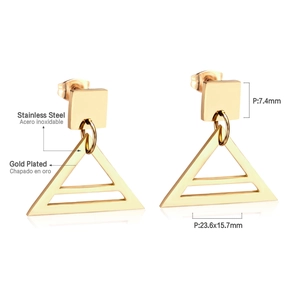 Macro view of gold plated stainless steel geometric earrings with technical dimensions