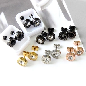 Roman numeral stainless steel stud earrings set with zircon center in four metallic colors
