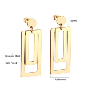 Detailed view of gold plated stainless steel geometric rectangular drop earrings